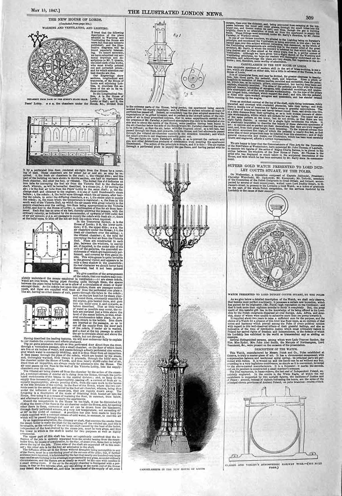 Old Antique Print 1847 Candelabrum House Lords Watch Lord Stuart Railway 19th