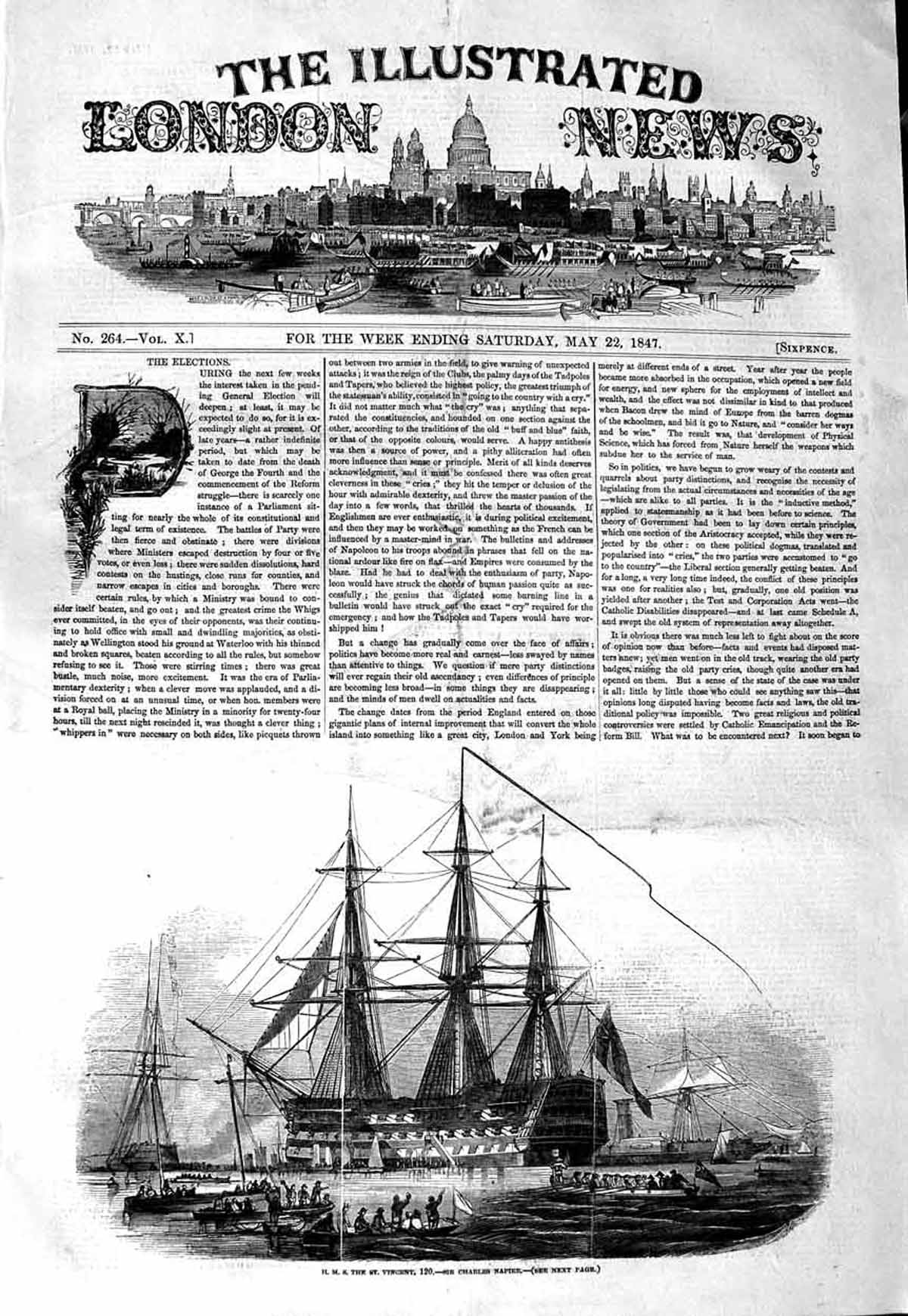 Original Old Antique Print 1847 H.M.S. St. Vincent War Ship Sir Charles Napier