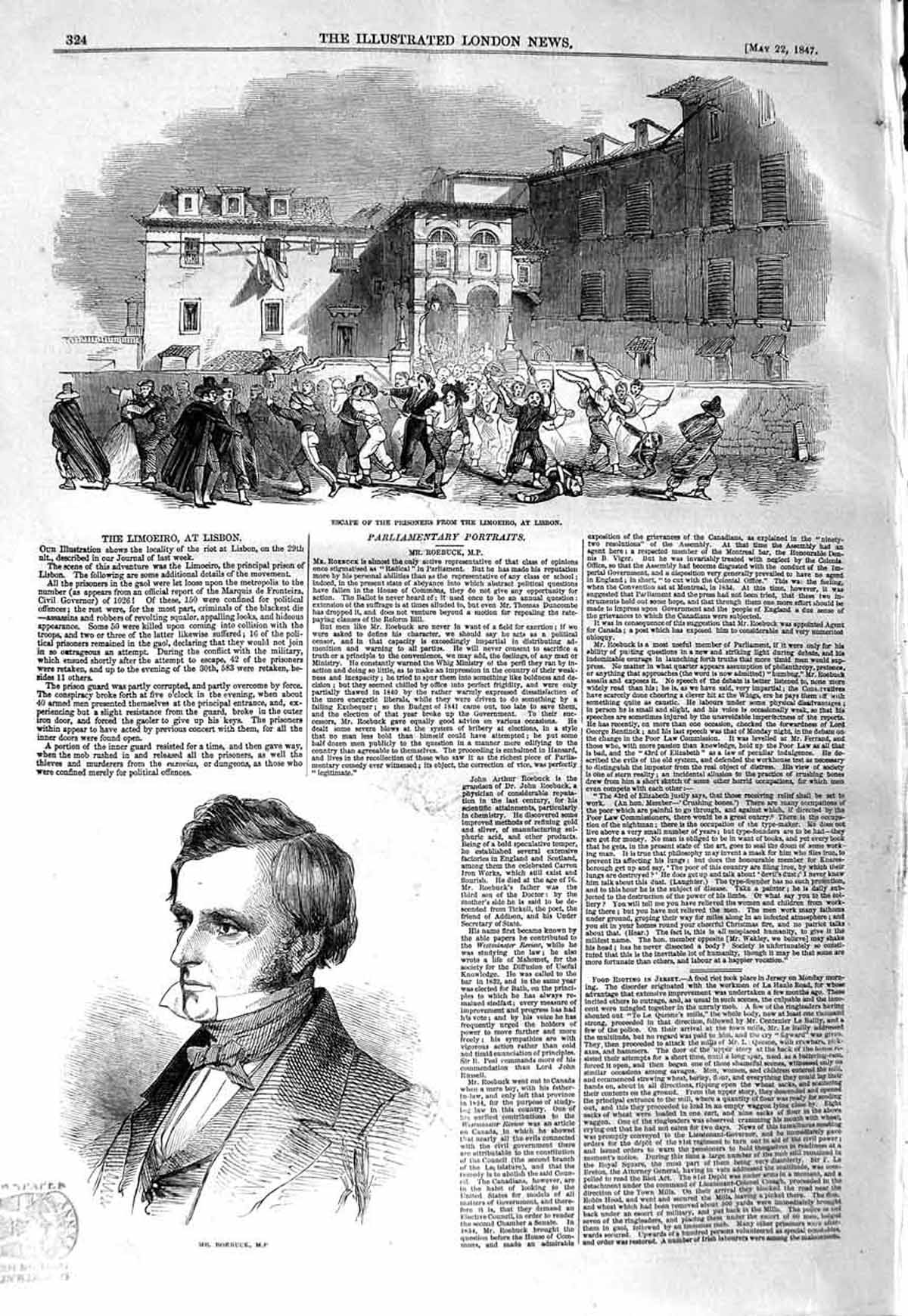 Original Old Antique Print 1847 Portrait Roebuck M.P. Prisoners Limoeiro Lisbon