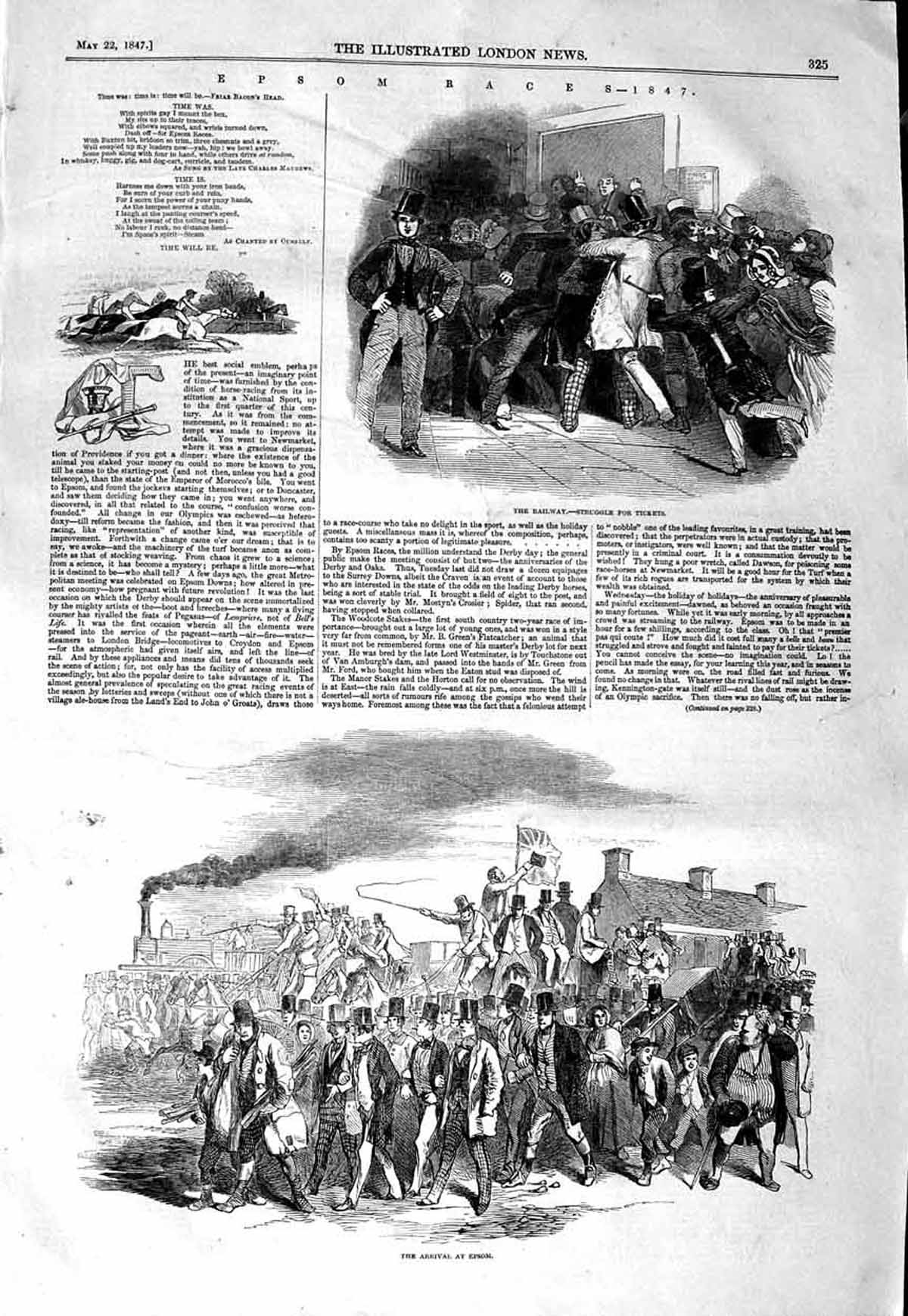 Original Old Antique Print 1847 Epsom Horse Races Sport Railway Train Tattenham