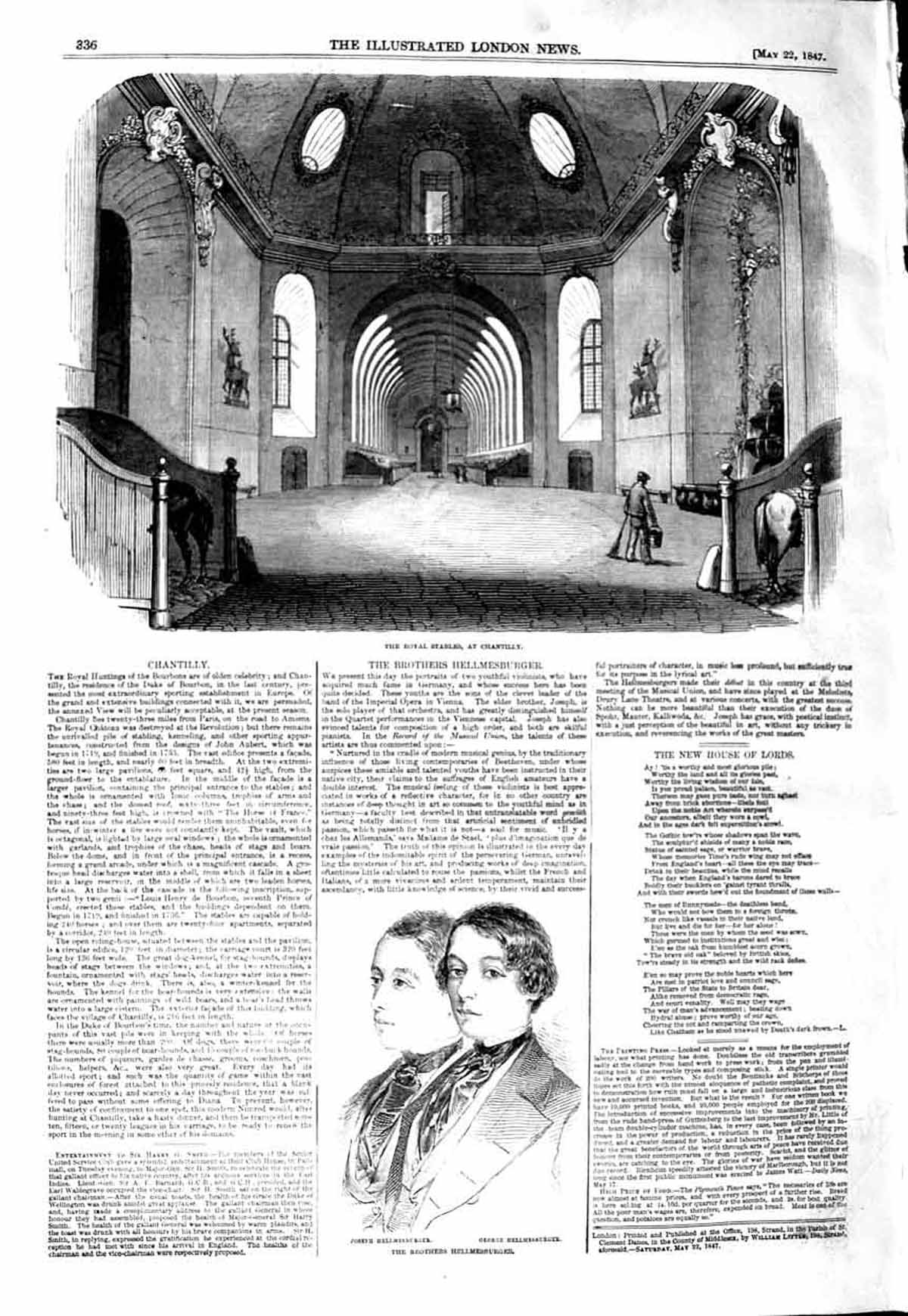 Original Old Antique Print 1847 Stables Chantilly Joseph George Hellmesburger