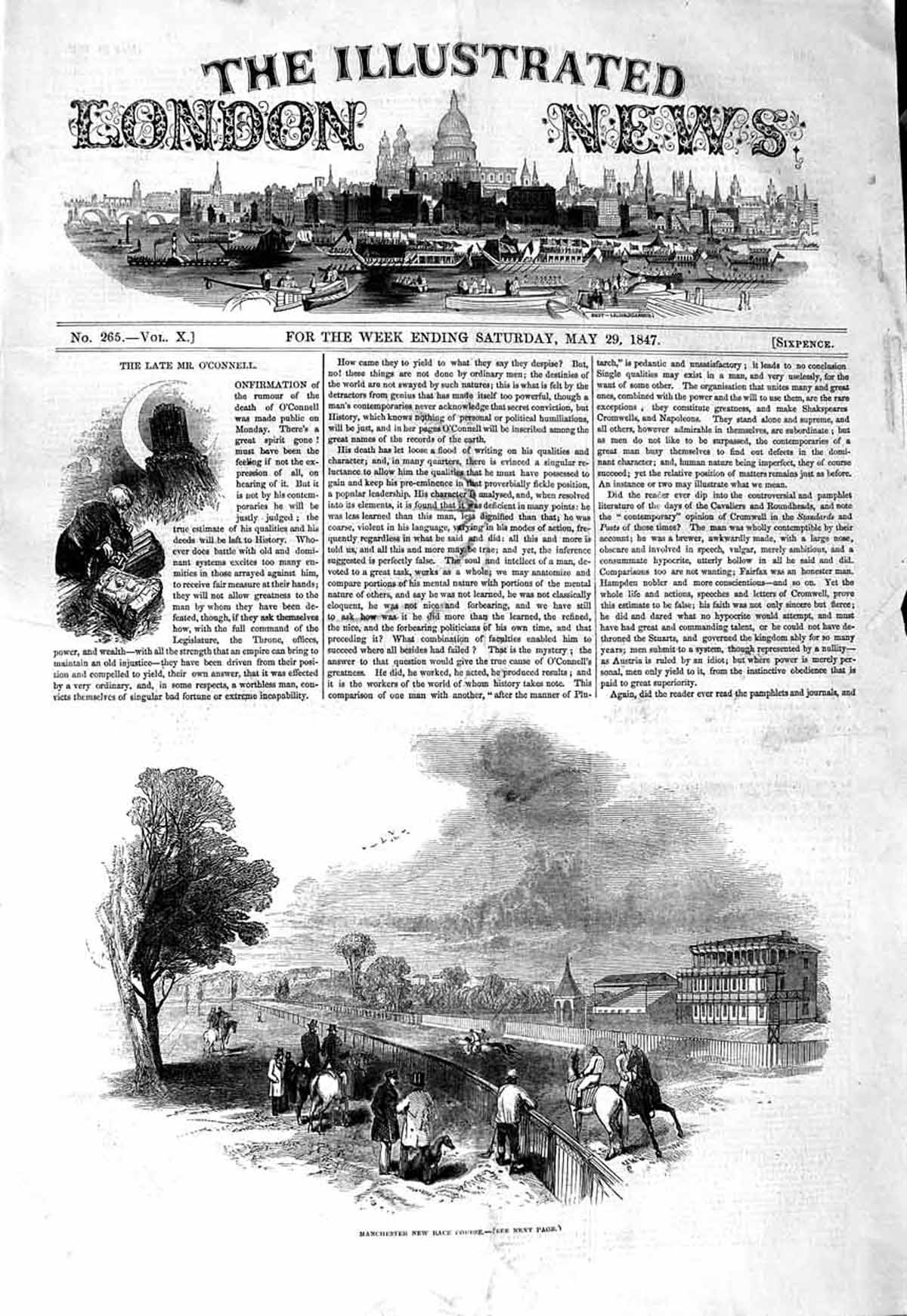 Original Old Antique Print 1847 Manchester Horses Race Course Sport Victorian