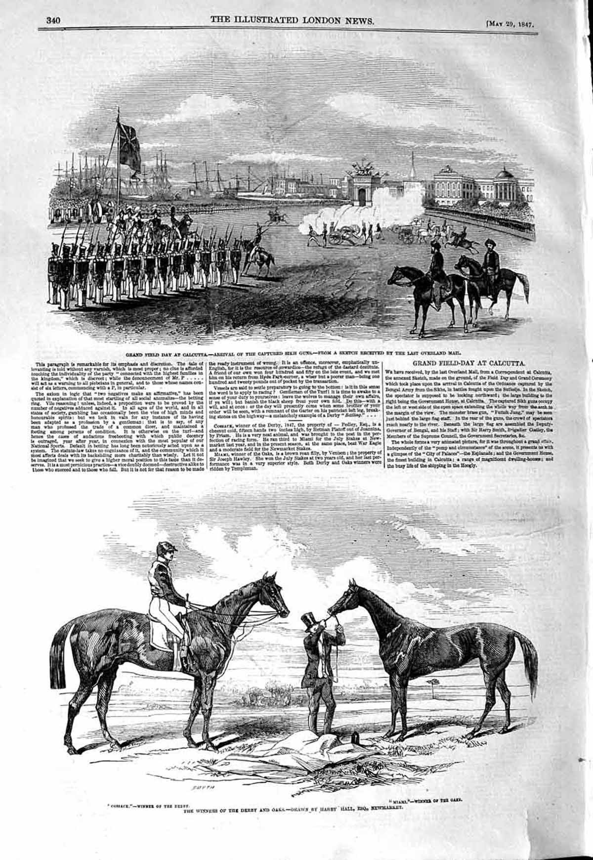 Original Old Antique Print 1847 Cossack Derby Horse Miami Siers Calcutta Sikh
