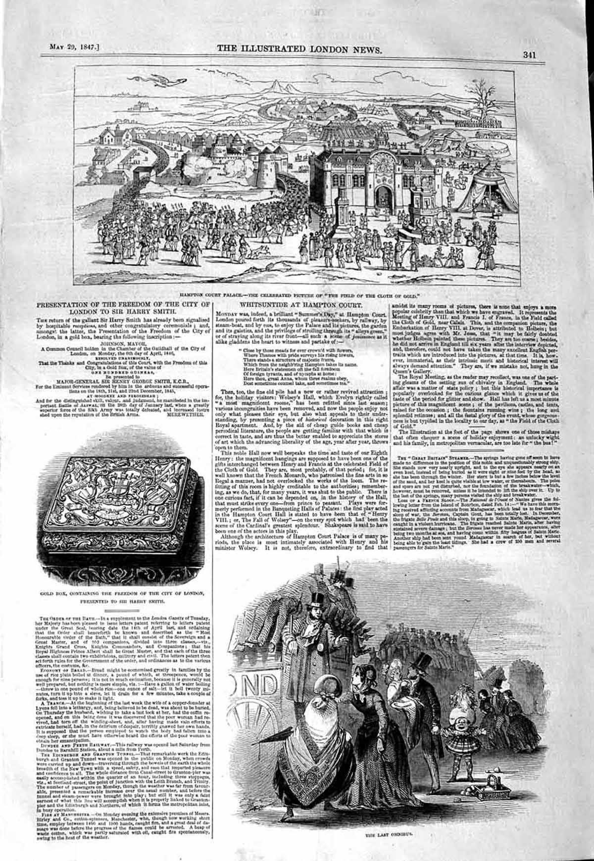 Original Old Antique Print 1847 Hampton Court Palace GBox London Omnibus 19th
