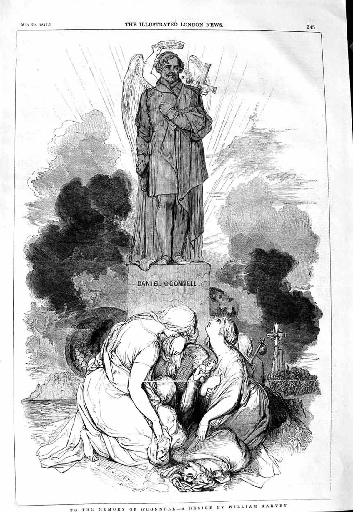 Original Old Antique Print 1847 Statue Memory Daniel O'Connell William Harvey