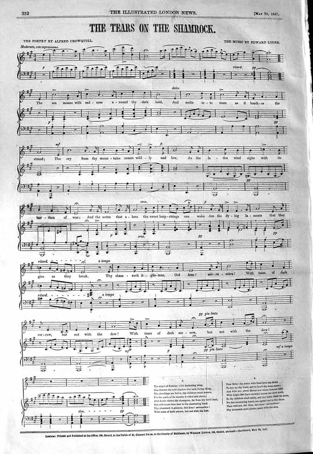 Old Antique Print 1847 Sheet Music Tears On The Shamrock Crowquill Loder 19th