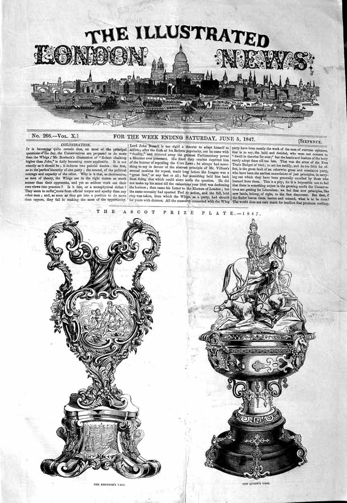 Original Old Antique Print 1847 Ascot Prize Plate Emperor'S Vase Queen'S Horses