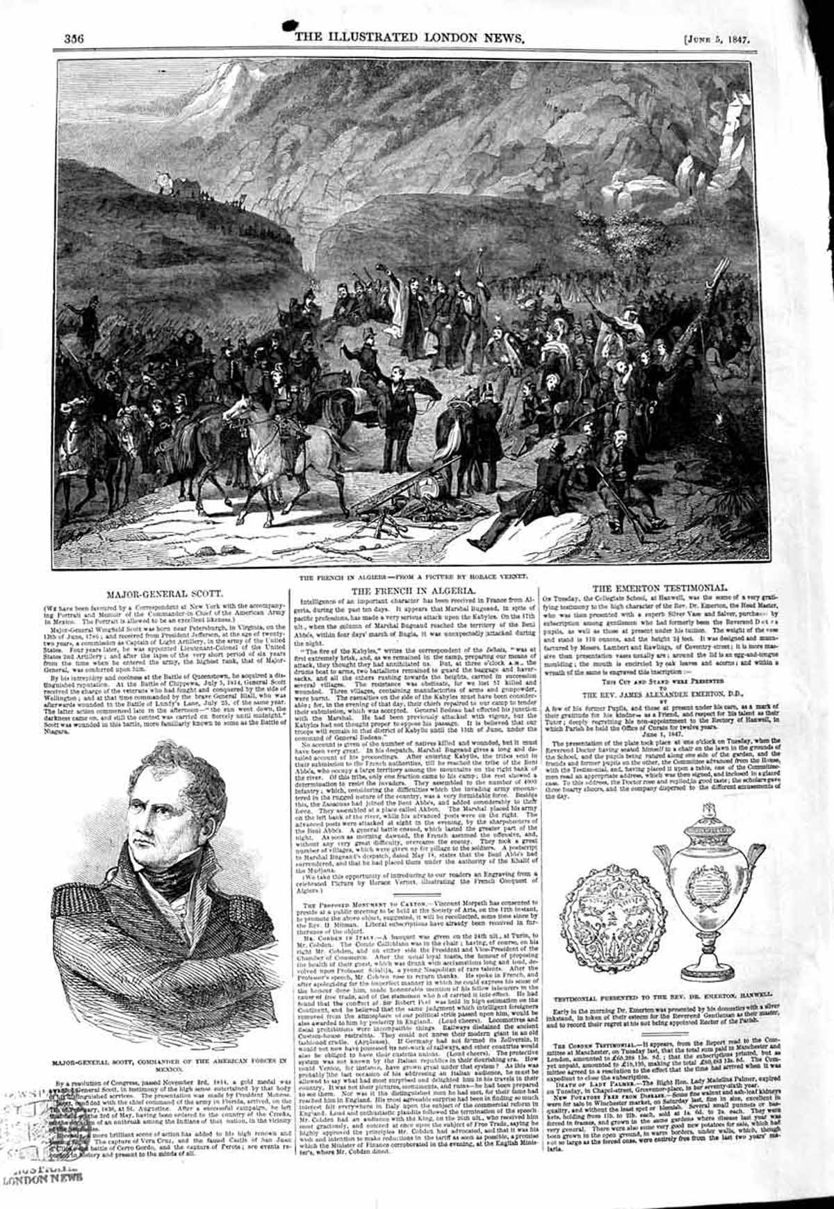 Original Old Antique Print 1847 Major-General Scott French Siers Algiers War