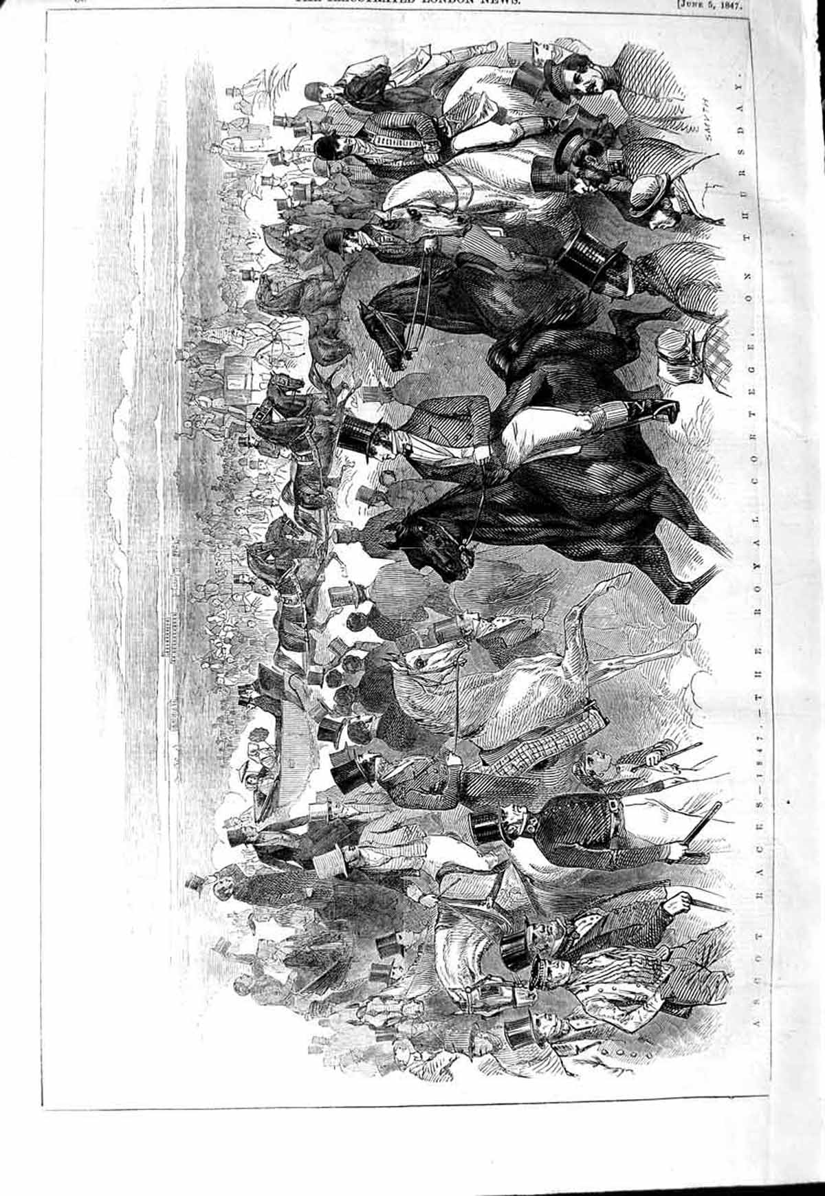 Original Old Antique Print 1847 Ascot Horse Races Royal Cortege Sport Victorian