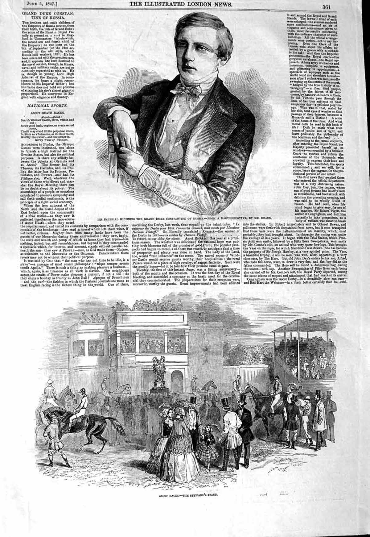 Original Old Antique Print 1847 Duke Constantine Russia Ascot Horse Races Stand