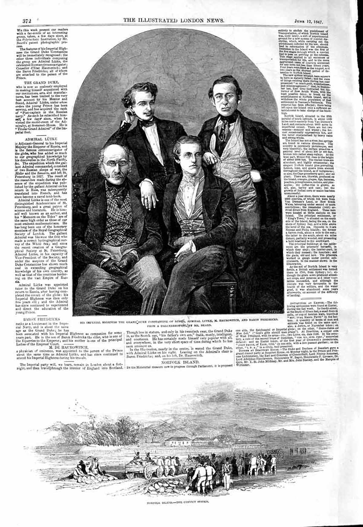 Original Old Antique Print 1847 Duke Constantine Russia Lutke Norfolk Convicts
