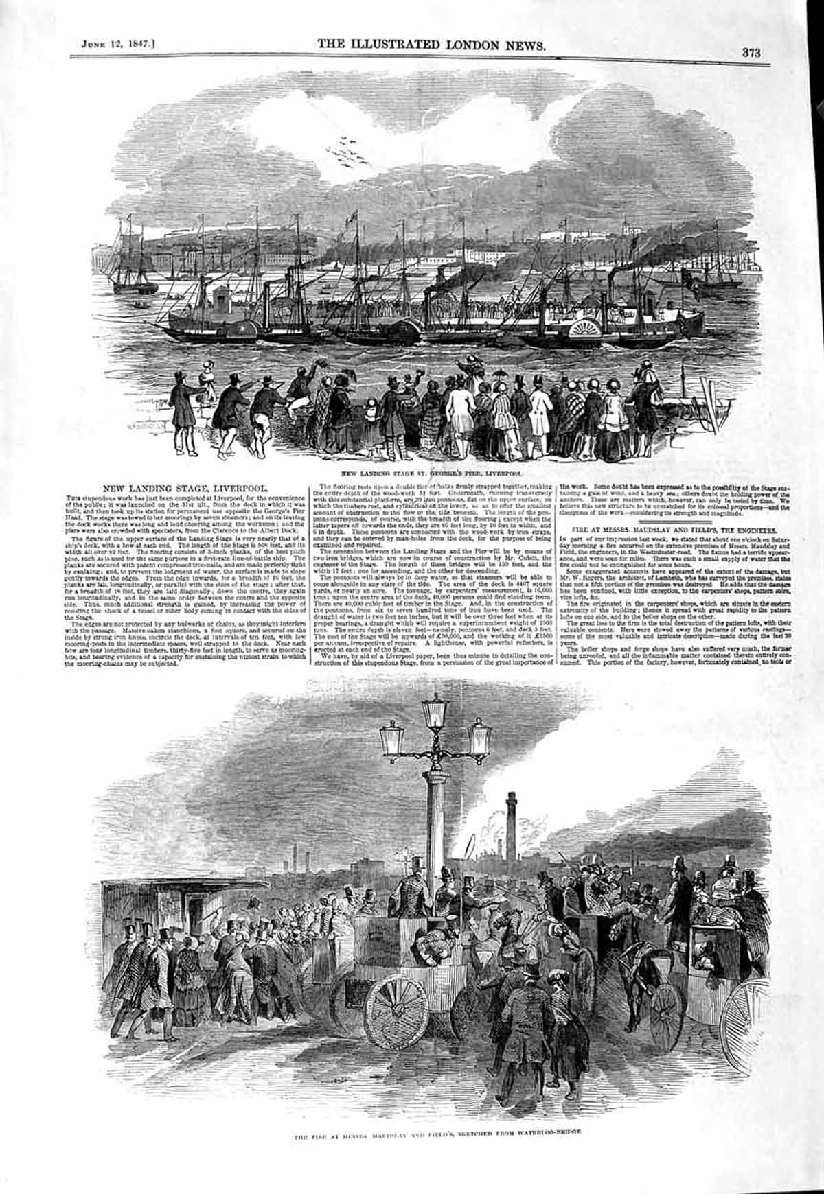 Original Old Antique Print 1847 George'S Pier Liverpool Maudslay Fire Waterloo