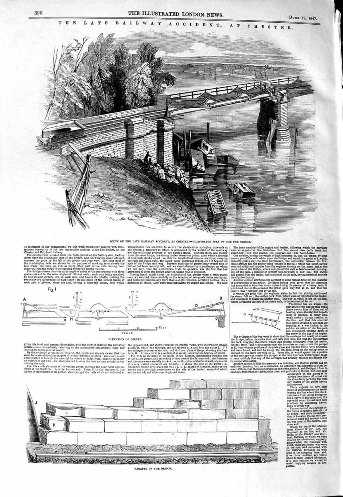 Old Antique Print 1847 Railway Accident Chester Dee Bridge Train Parapet 19th