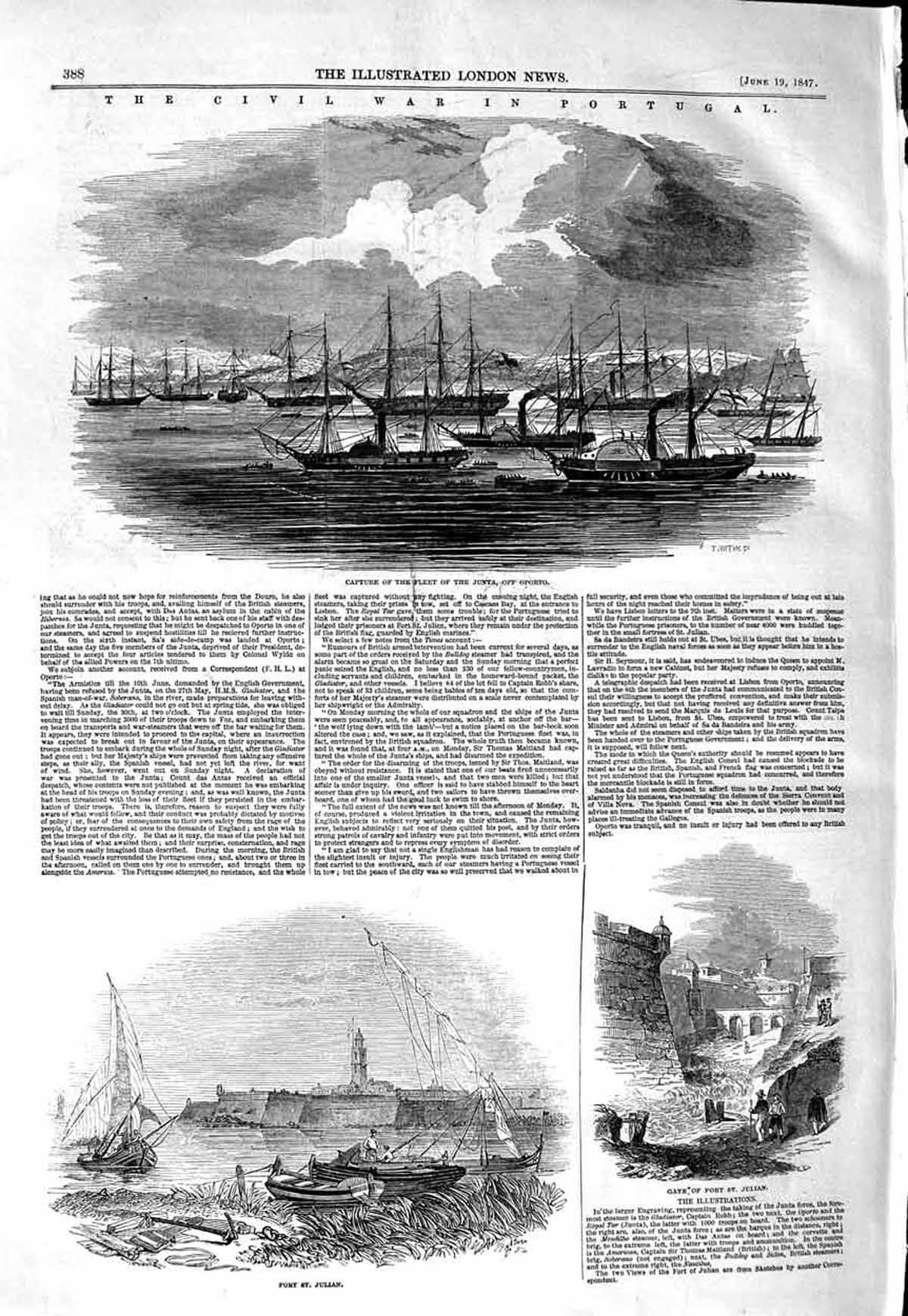 Old Antique Print 1847 Civil War Portugal Ships Junta Oporto Fort Julian 19th
