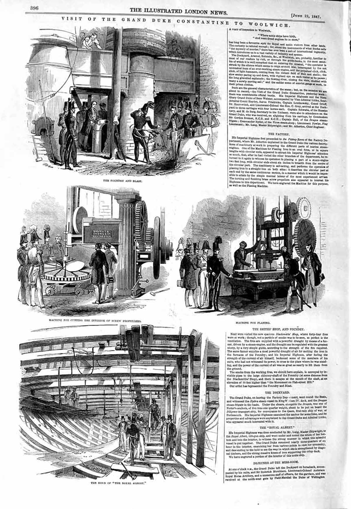Original Old Antique Print 1847 Duke Constantine Woolwich Foundry Albert Ship