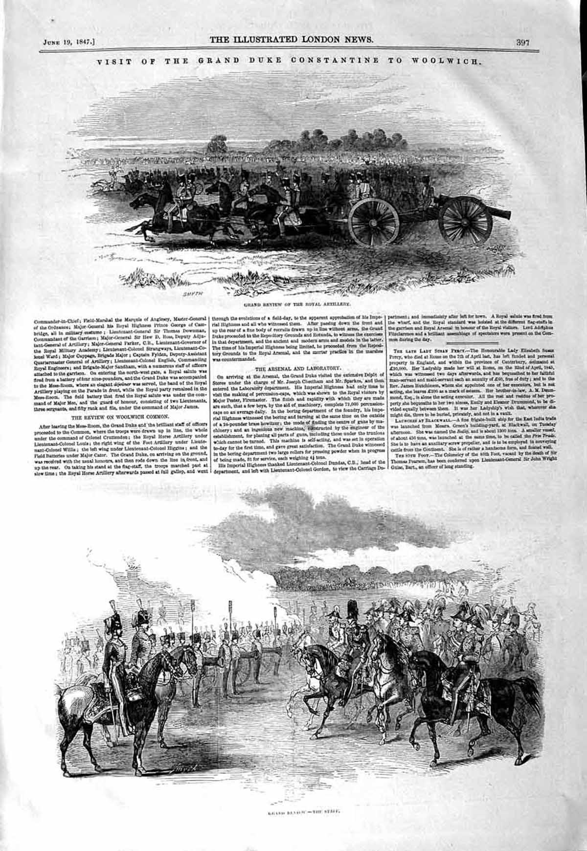 Old Antique Print 1847 Duke Constantine Woolwich Grand Review Artillery 19th