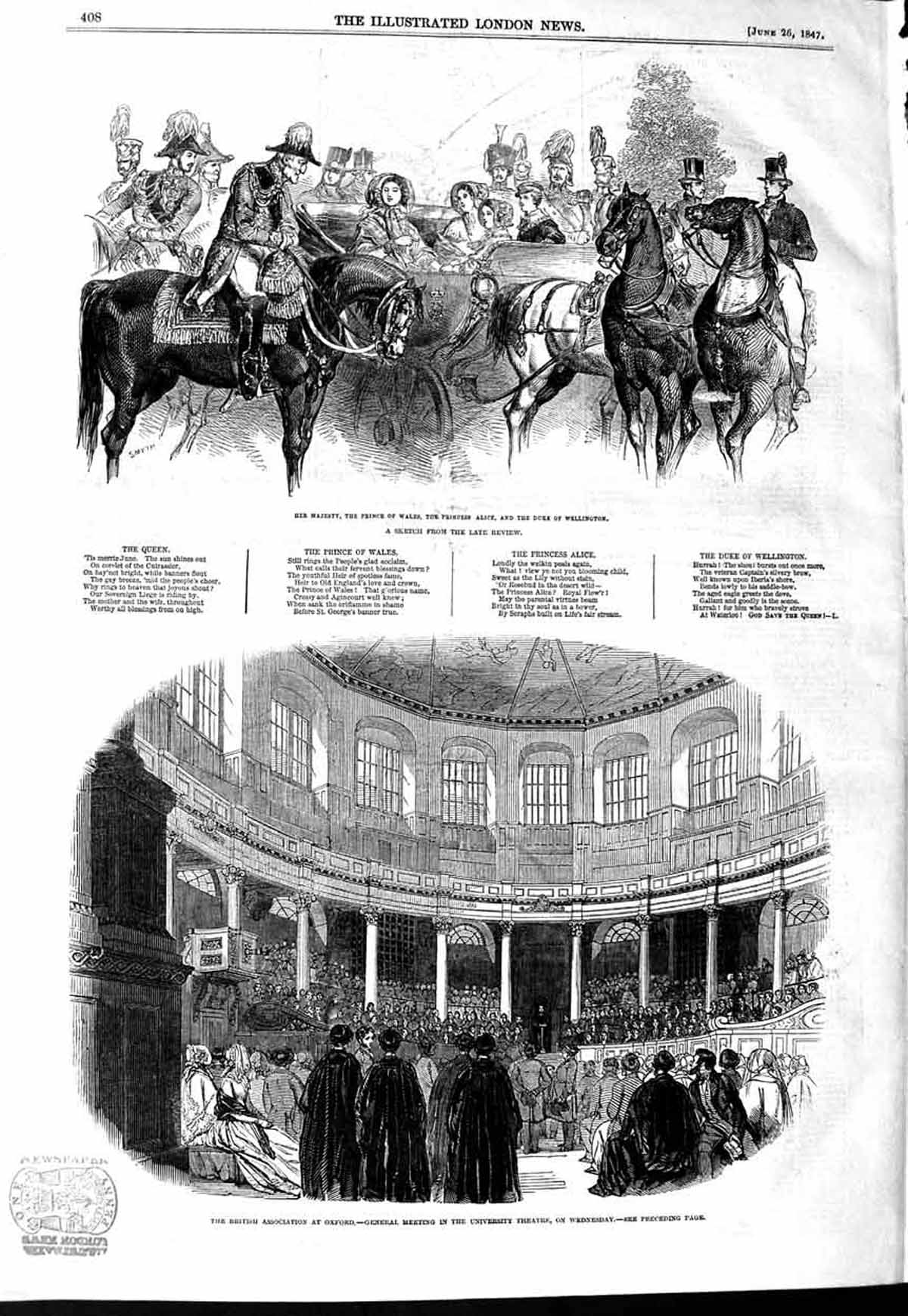 Original Old Antique Print 1847 Queen Prince Wales Alice Duke Wellington Oxford