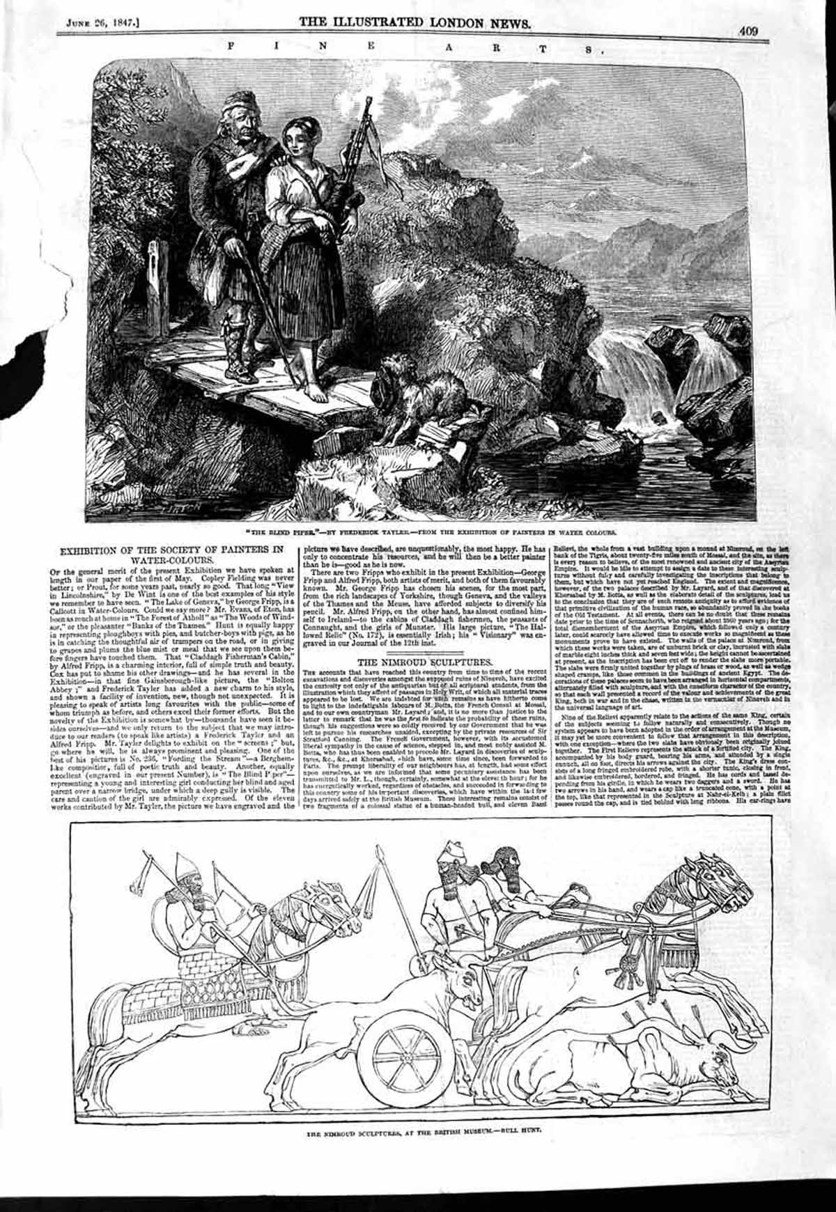 Old Antique Print 1847 Nimrod Sculptures British Museum Blind Piper Art 19th