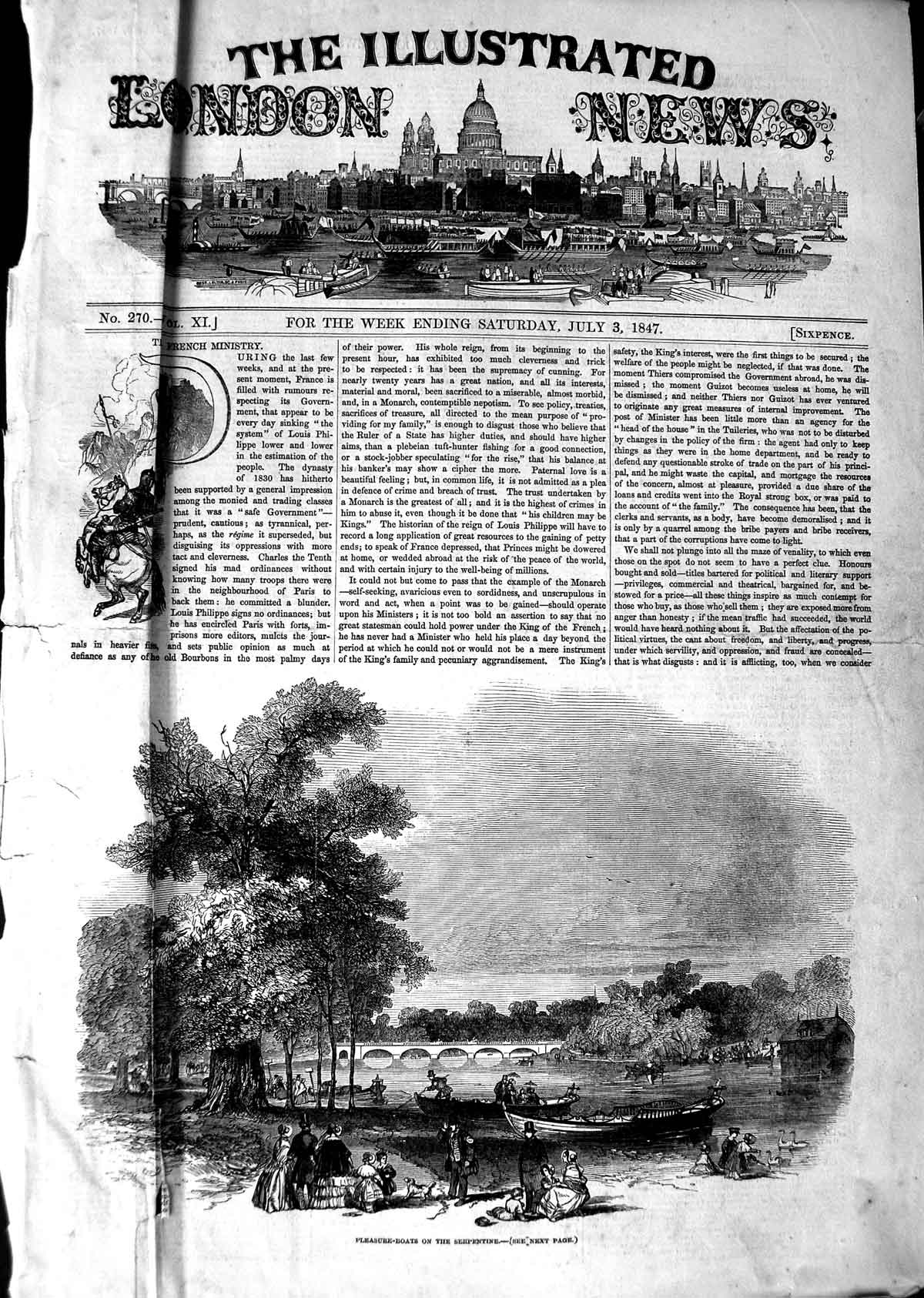 Original Old Antique Print 1847 Pleasure Boats Serpentine River Trees Bridge