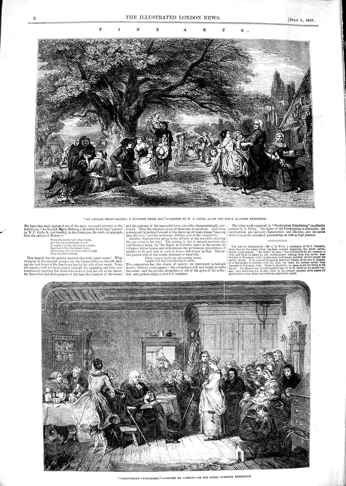 Original Old Antique Print 1847 Presbyterian Catechising English Merry Making
