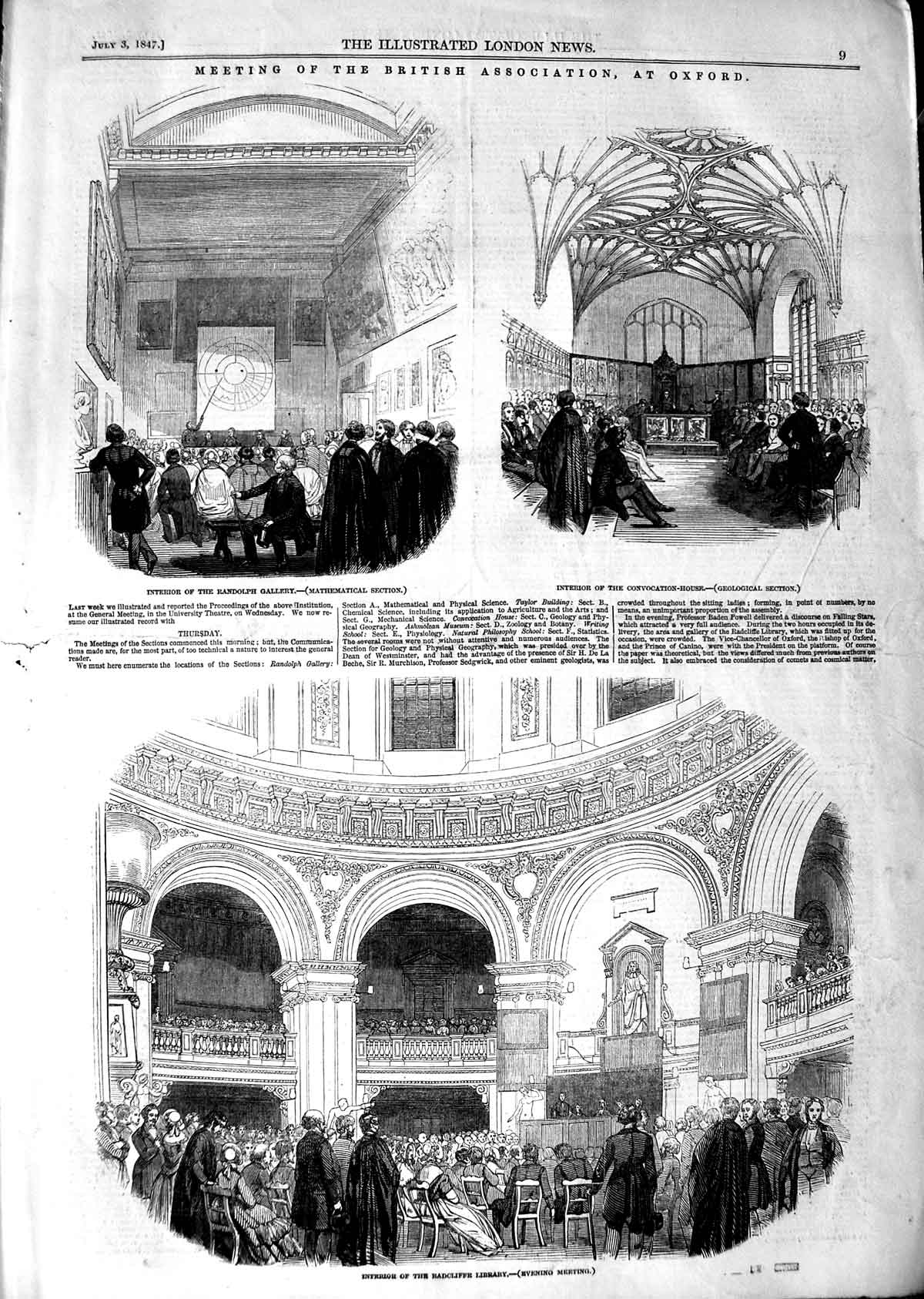 Original Old Antique Print 1847 Radcliffe Library Randolph Gallery Convocation