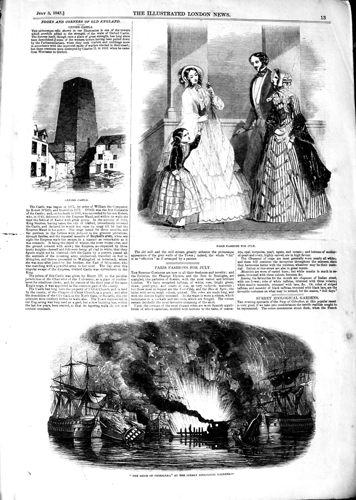 Original Old Antique Print 1847 Siege Gibraltar Surrey Gardens Oxford Castle