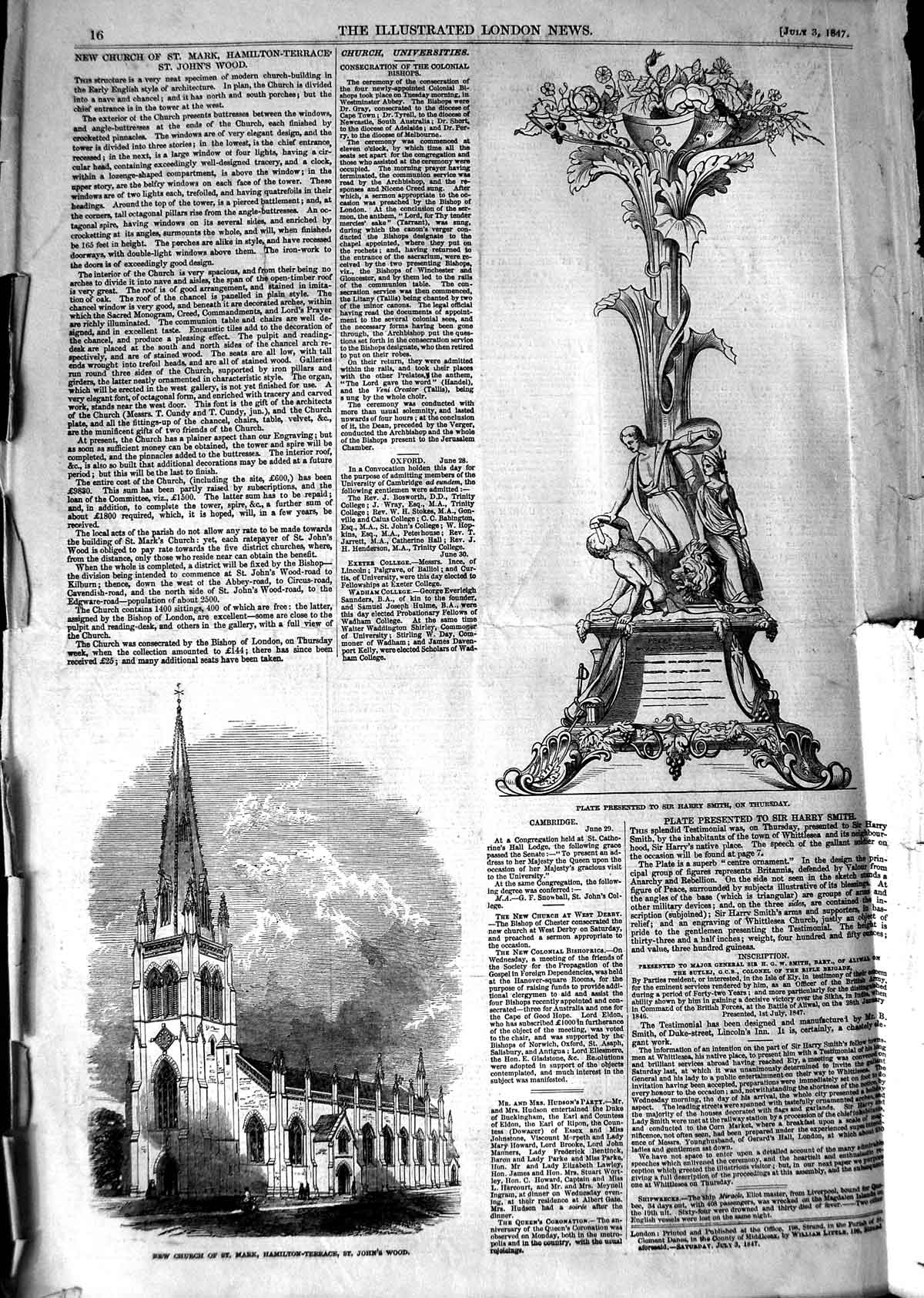 Original Old Antique Print 1847 Church St. Mark John'S Wood Plate Harry Smith