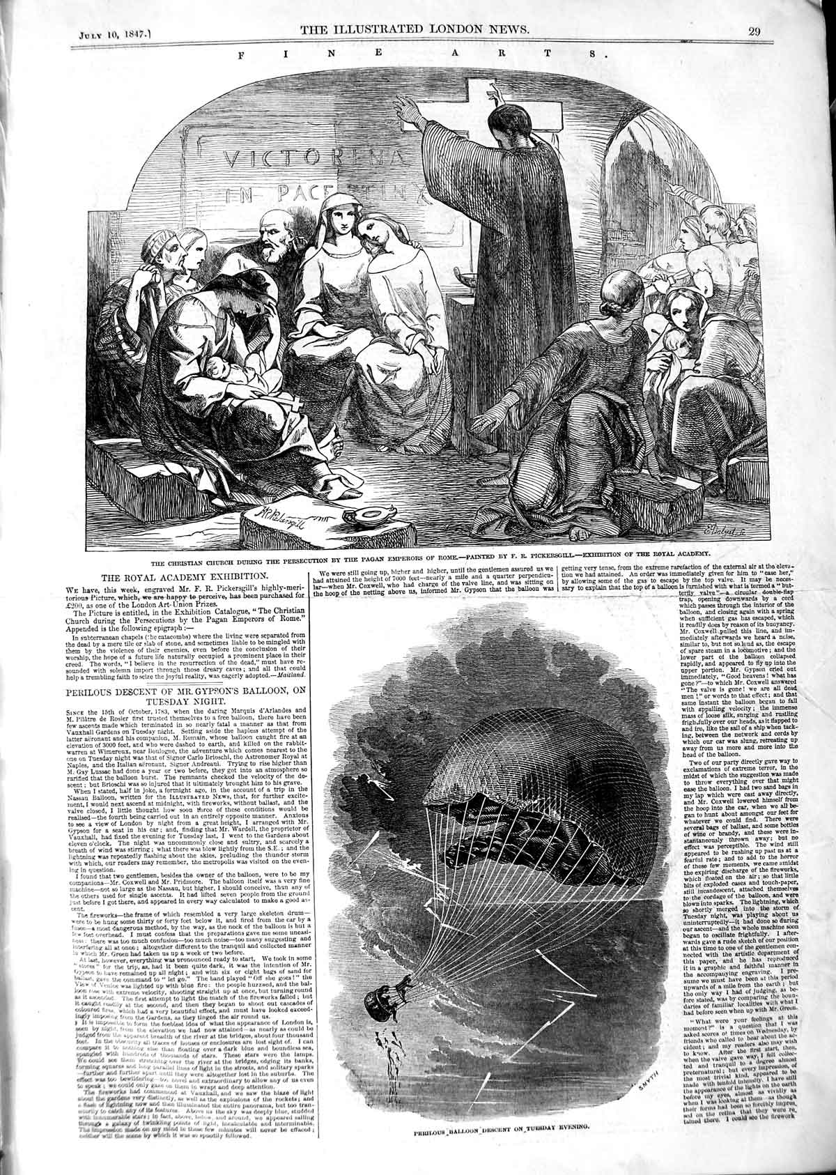 Original Old Antique Print 1847 Hot-Air Balloon Christian Church Pagan Rome