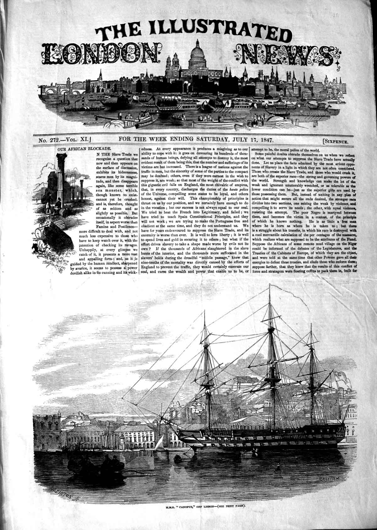 Original Old Antique Print 1847 Ship H.M.S Canopus Lisbon Portugal Victorian