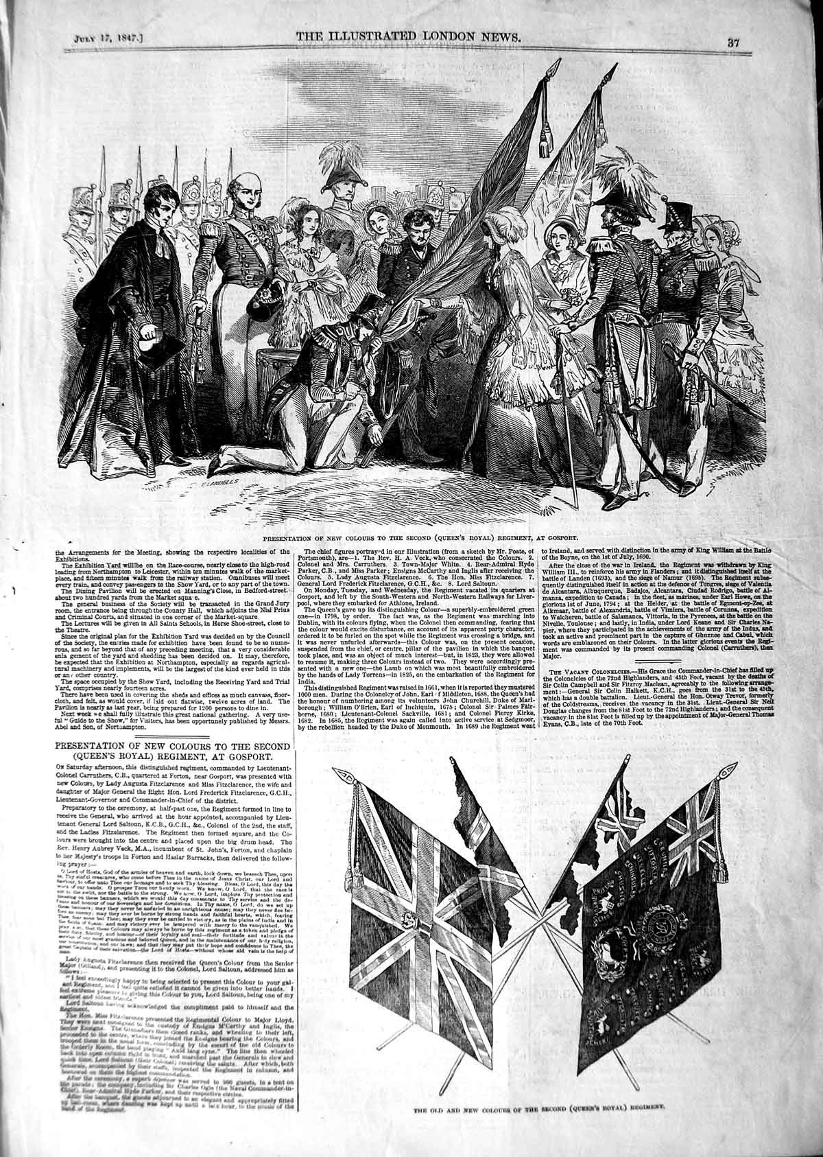 Original Old Antique Print 1847 New Colours Queen'S Royal Regiment Gosport 19th