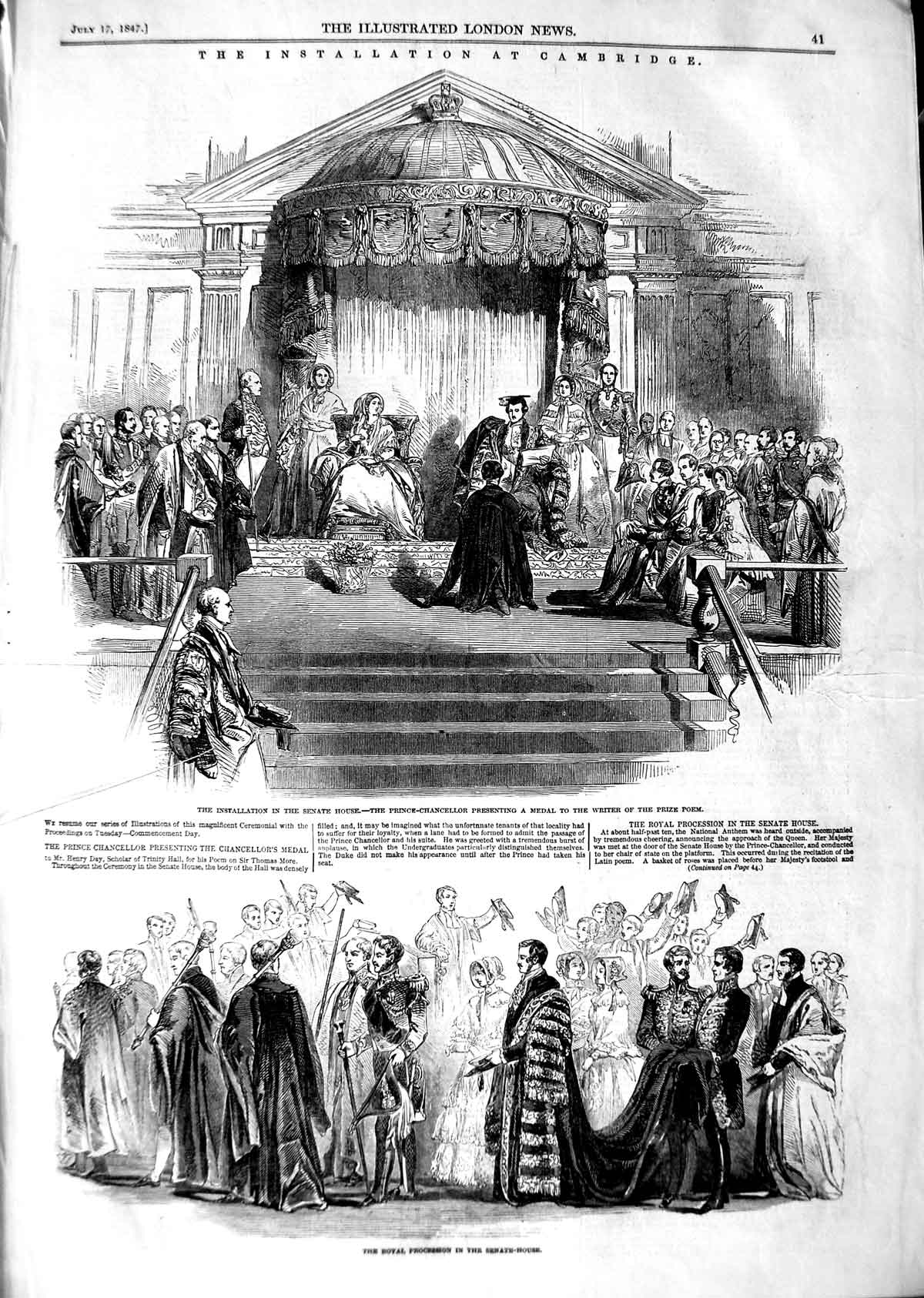 Original Old Antique Print 1847 Installation Cambridge Senate House Chancellor