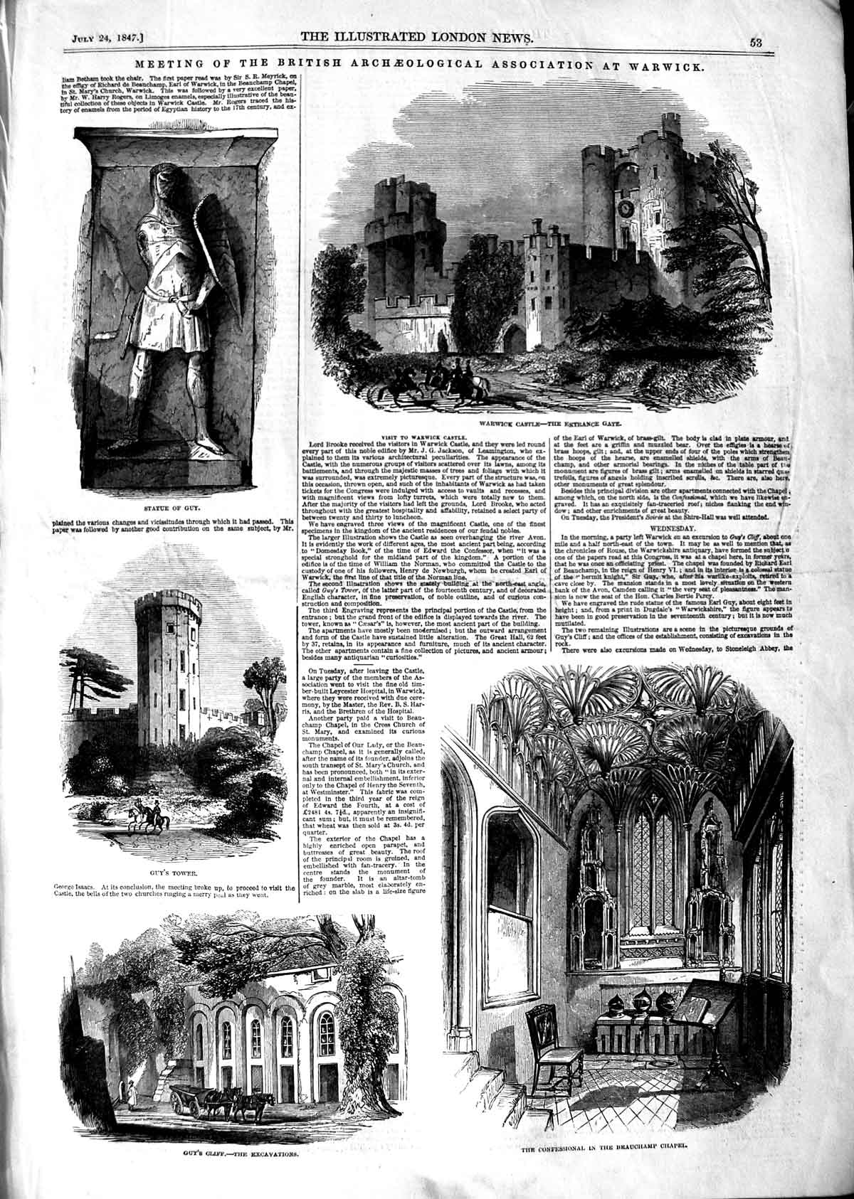 Old Antique Print 1847 Warwick Castle Statue Guy Tower Beauchamp Chapel 19th