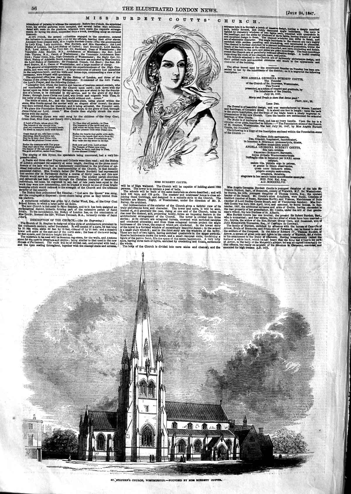 Original Old Antique Print 1847 Miss Burdett Coutts Stephens Church Westminster