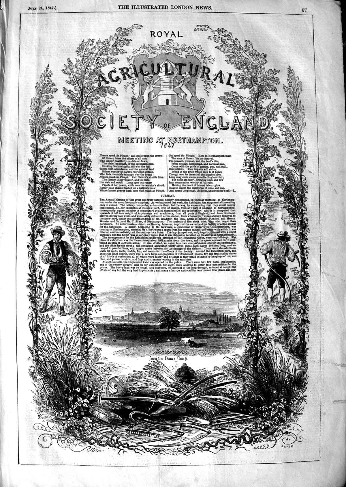 Original Old Antique Print 1847 Royal Agricultural Society England Northampton