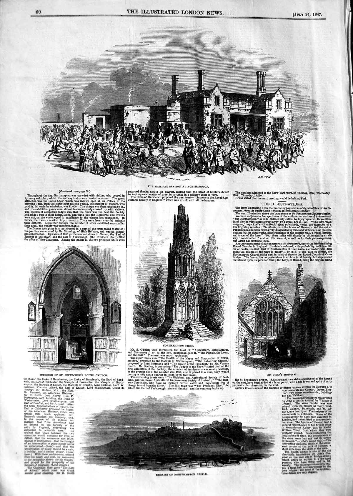 Original Old Antique Print 1847 Railway Station Northampton Cross Castle H 19th