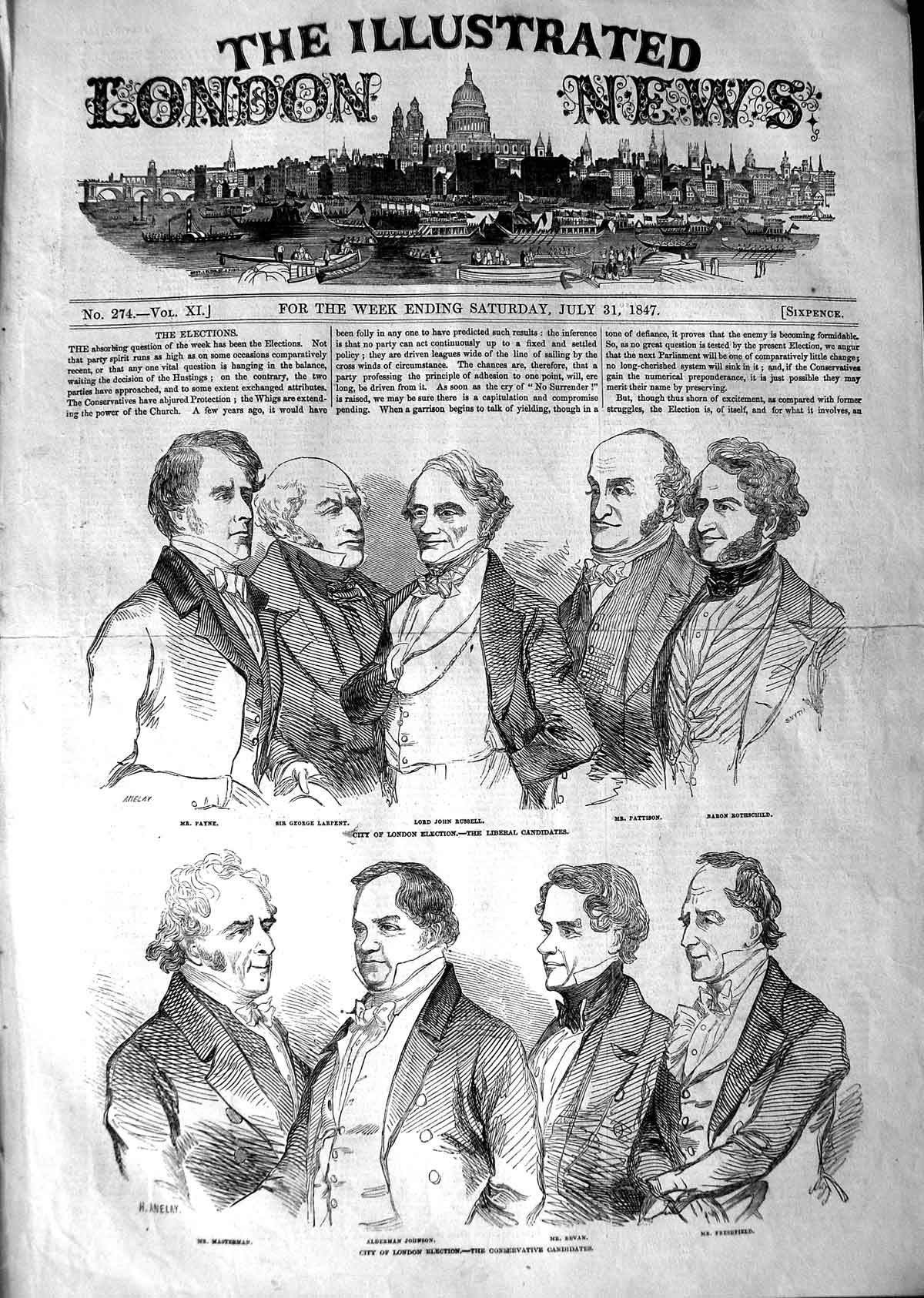 Old Antique Print 1847 London Elections Conservative Liberal Russell Men 19th