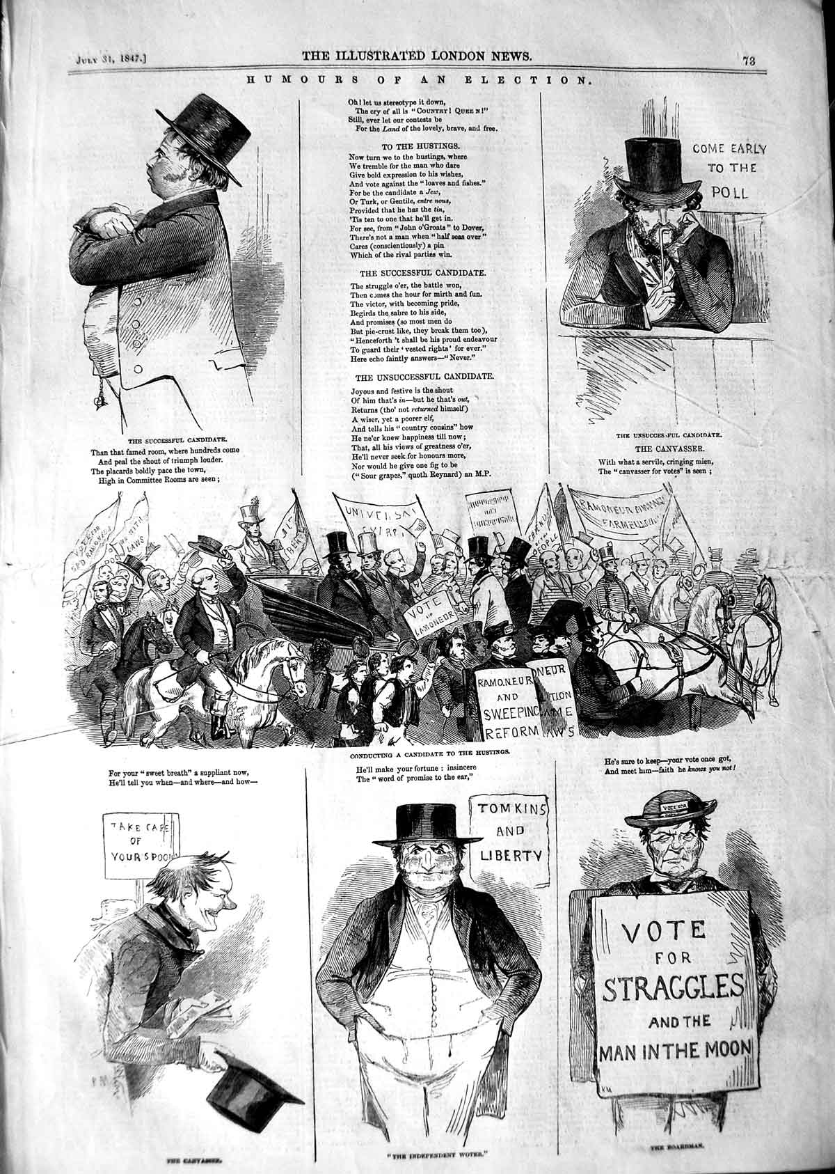 Old Antique Print 1847 Humours Election Comedy Voters Hustings Canvaser 19th