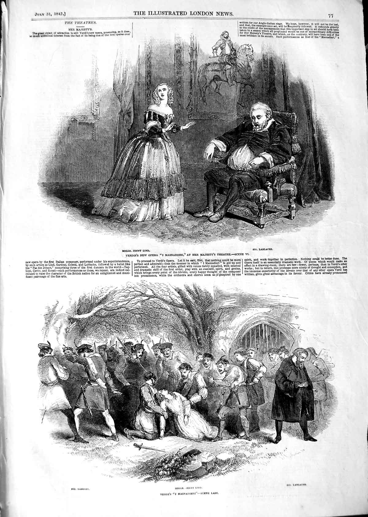 Original Old Antique Print 1847 Verdi Opera Theatre Jenny Lind Masnadieri L 19th