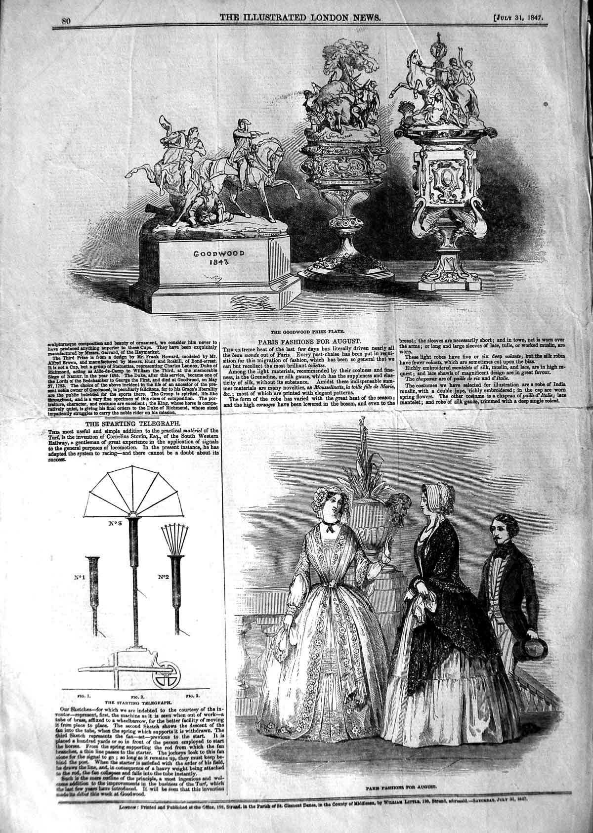 Original Old Antique Print 1847 Goodwood Prize Plate Starting Telegraph Fashion