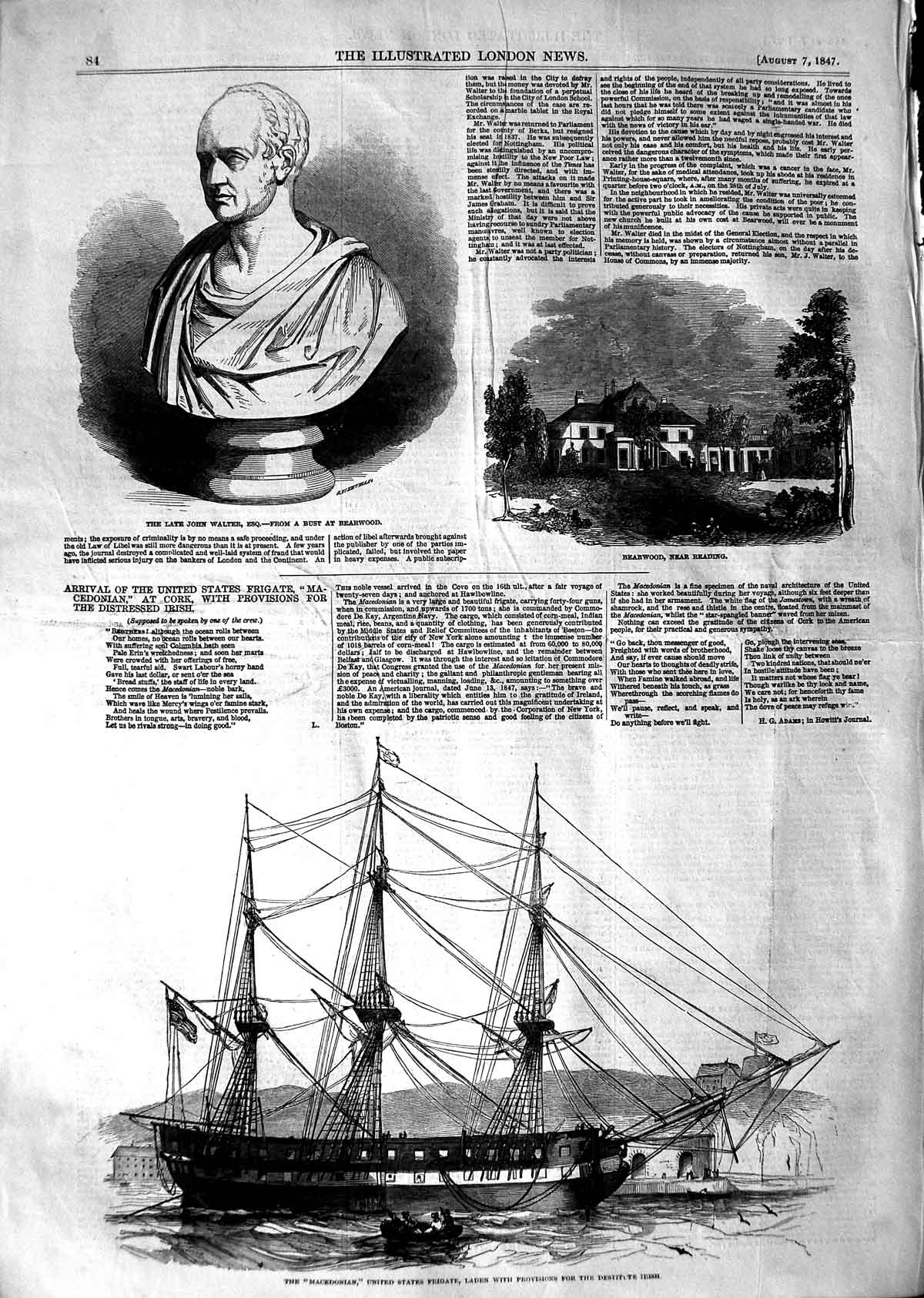 Old Antique Print 1847 Bust John Walter Bearwood Macedonian Ship Frigate 19th