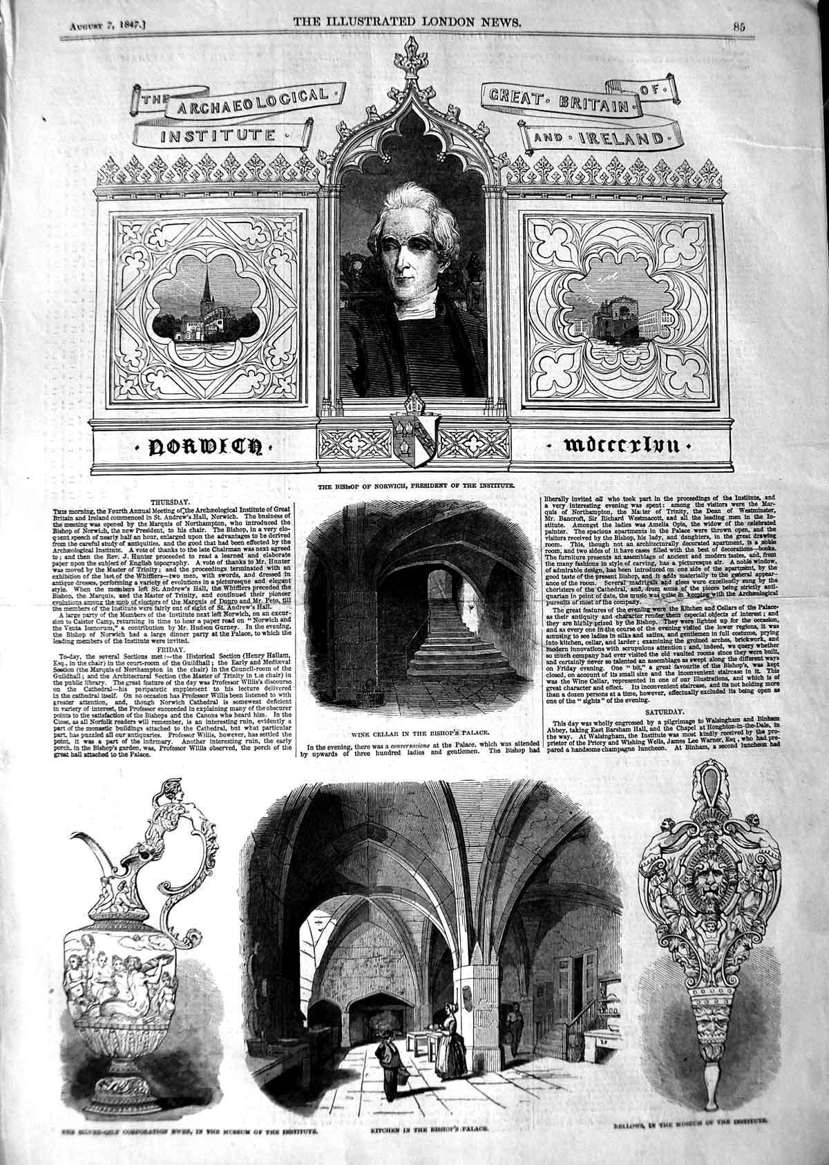 Original Old Antique Print 1847 Bishop Norwich Archaeological Institute Palace
