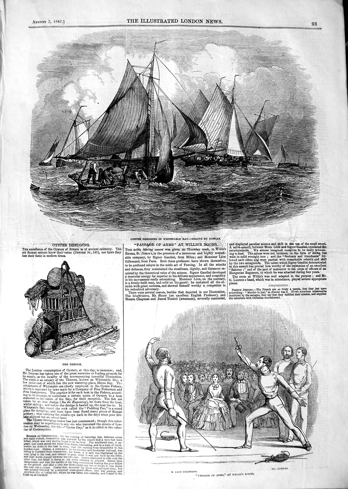 Original Old Antique Print 1847 Oyster Dredging Whitstable Bay Willis Room 19th