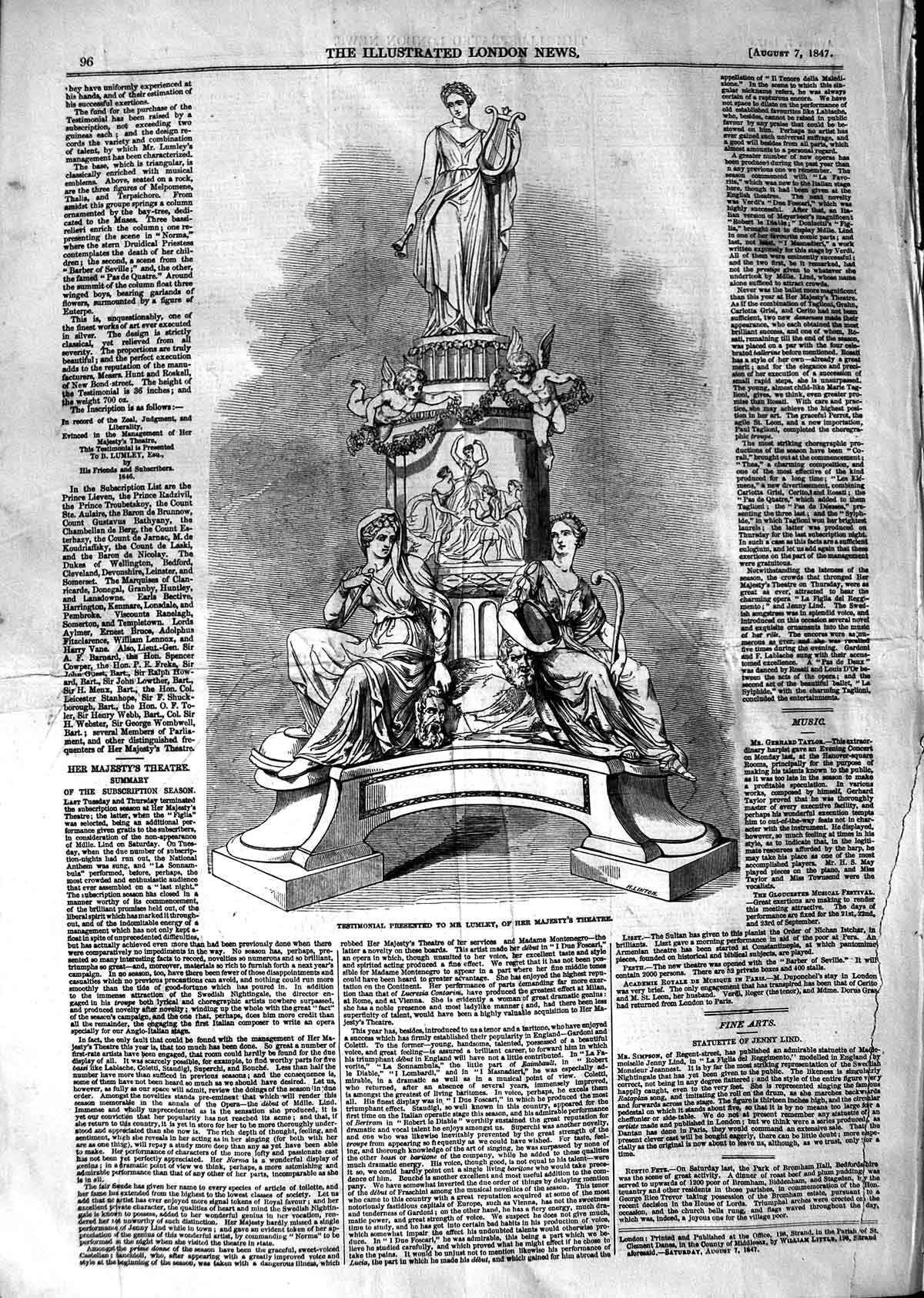 Original Old Antique Print 1847 Testimonial Mr Lumley Her Majesty'S Theatre