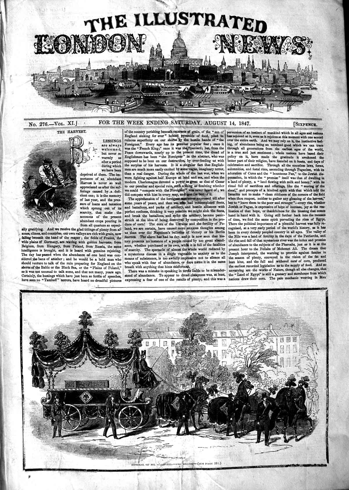 Original Old Antique Print 1847 Funeral Mr O'Connell Horses Hearse Ireland 19th