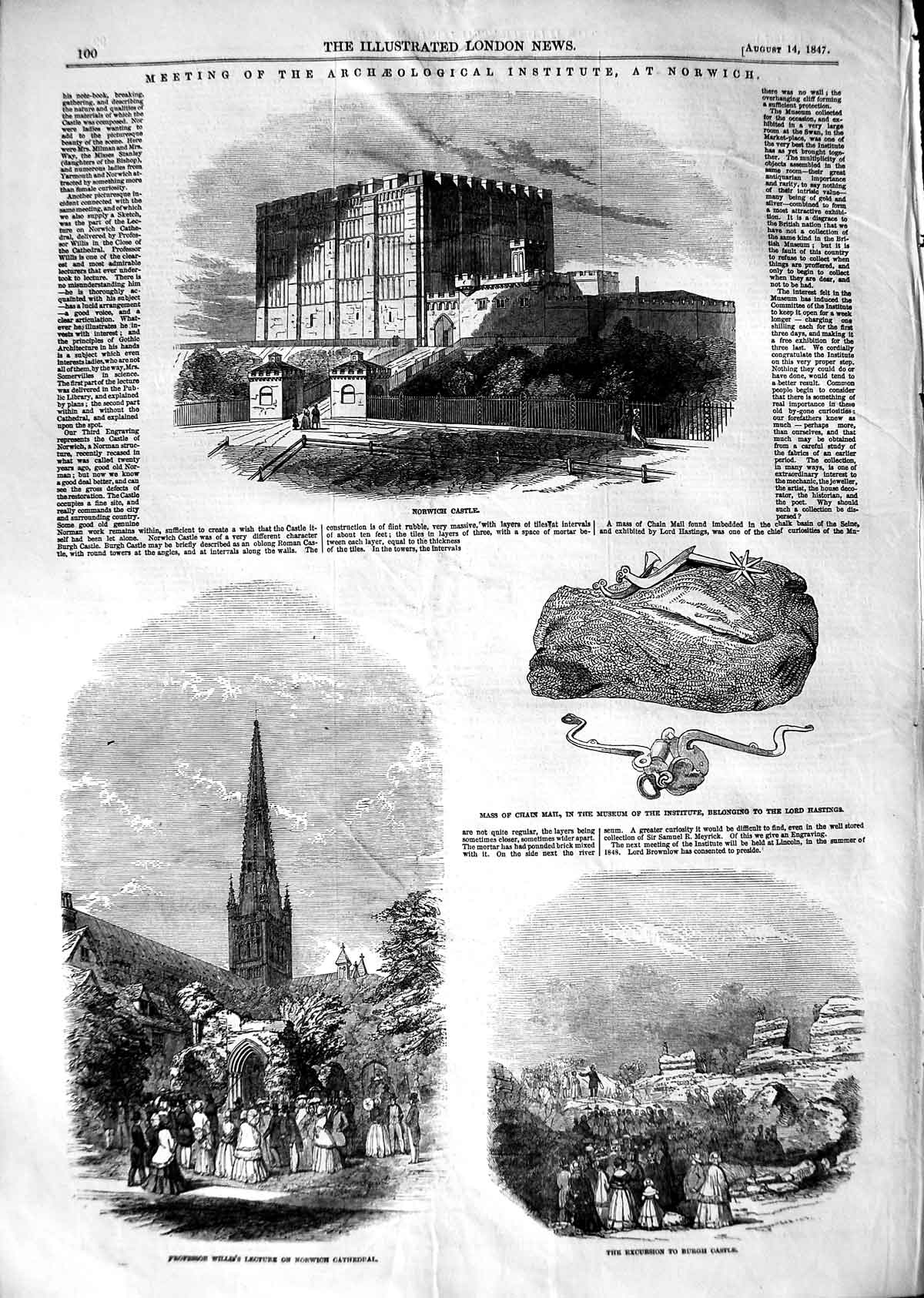 Old Antique Print 1847 Norwich Castle Cathedral Willis Burgh Chain Mail 19th