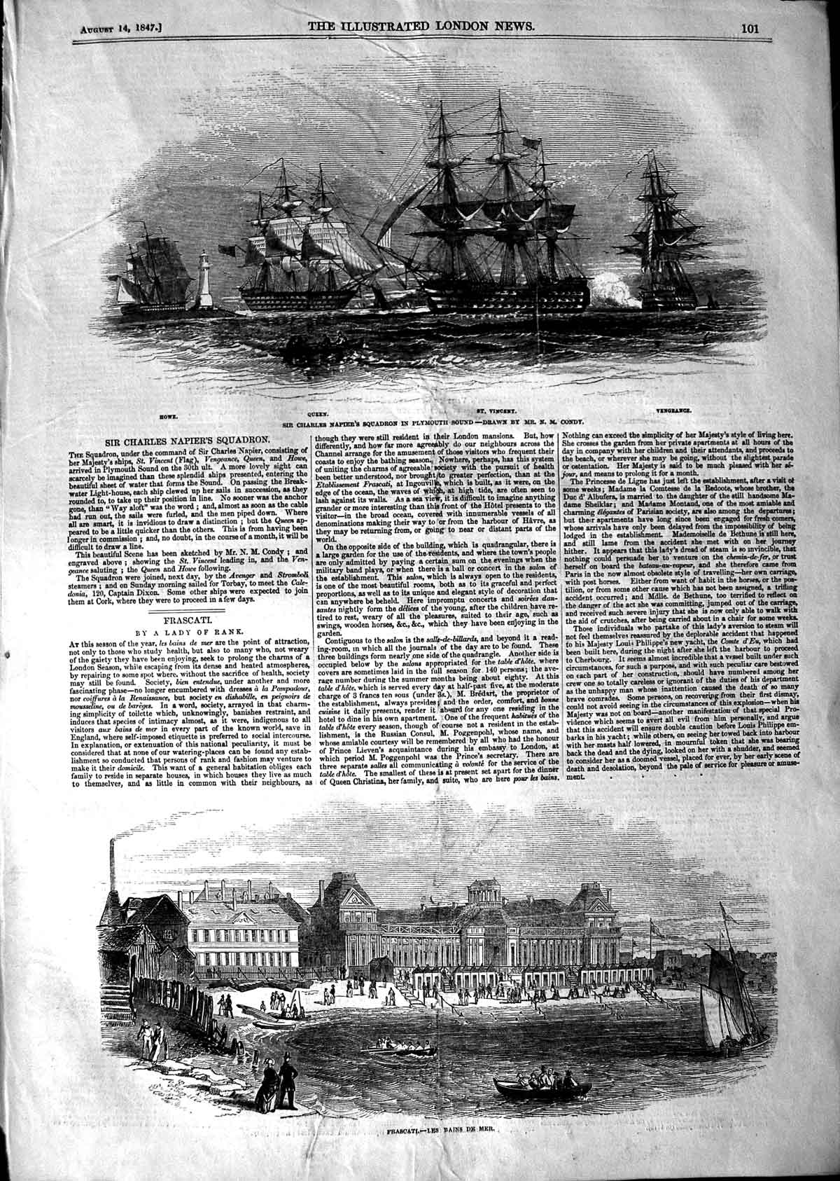 Old Antique Print 1847 Charles Napier Ships Pymouth Rowe Queen Frascati 19th