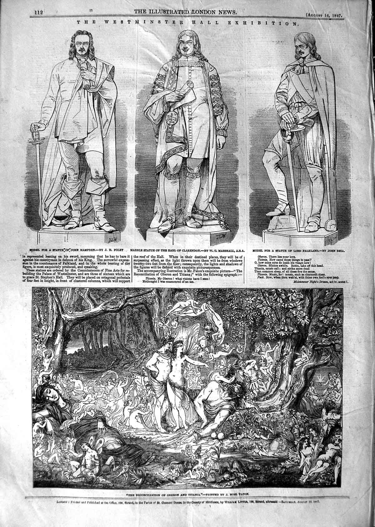 Old Antique Print 1847 Oberon Titania Statue Earl Clarendon Hampden Lord 19th