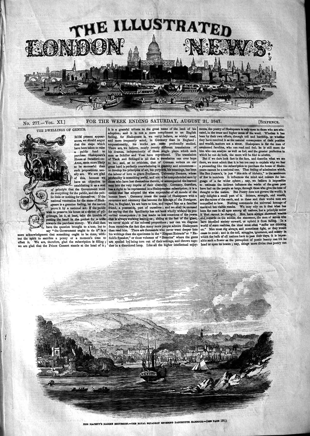 Original Old Antique Print 1847 Queen Royal Squadron Ships Dartmouth Harbour