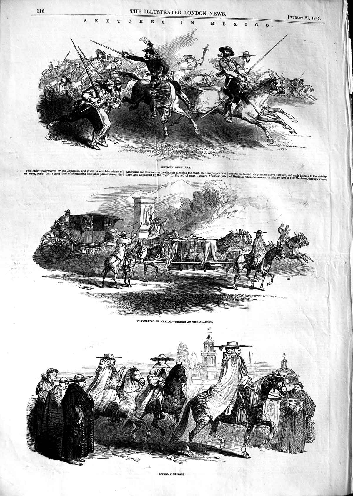 Original Old Antique Print 1847 Mexico Guerillas Priests Tesmalaucan Tr 19th