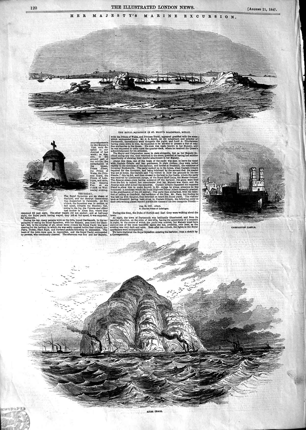 Original Old Antique Print 1847 Roadstead Scilly Ailsa Craig Carnarvon Castle